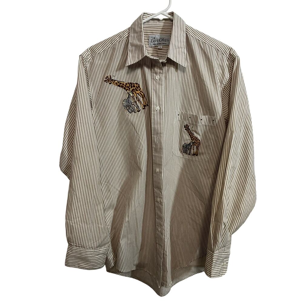 Las Olas Animal Embroidered Stripe Button Down Shirt Safari Novelty S Giraffe